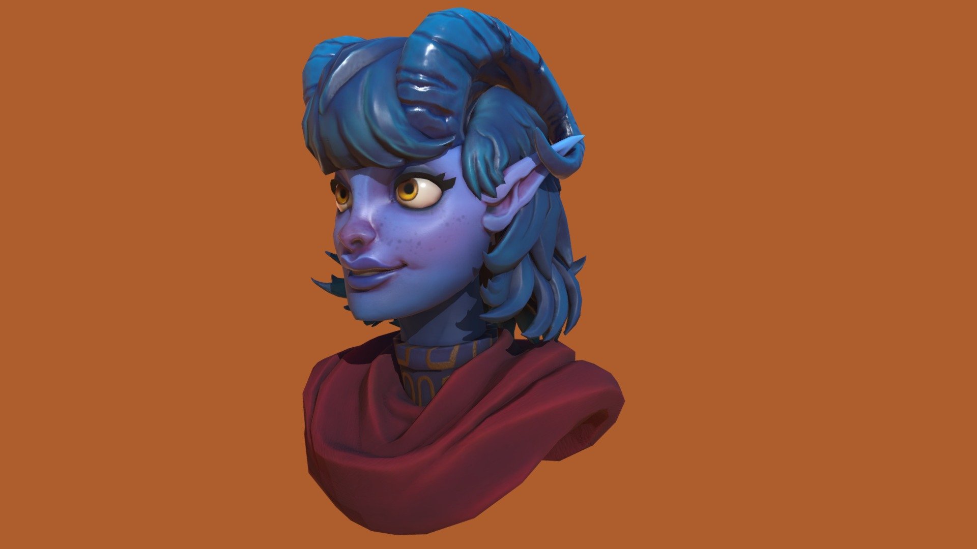 Another Critical Role fanart! This time it's Carlos Ruiz's awesome interpretation of Laura Bailey as Jester the tiefling cleric (with his blessing!).
I scaled down this project so that I could focus on my sculpting and texturing skills (specifically faces/hair) and even though I failed to follow Carlos' shapes, I'm very happy with the final outcome.
Game res, as usual!
The original concept can be seen here https://www.artstation.com/artwork/22mWa - Jester bust (Critical Role fanart) - 3D model by joustai (@alvarias) 3d model