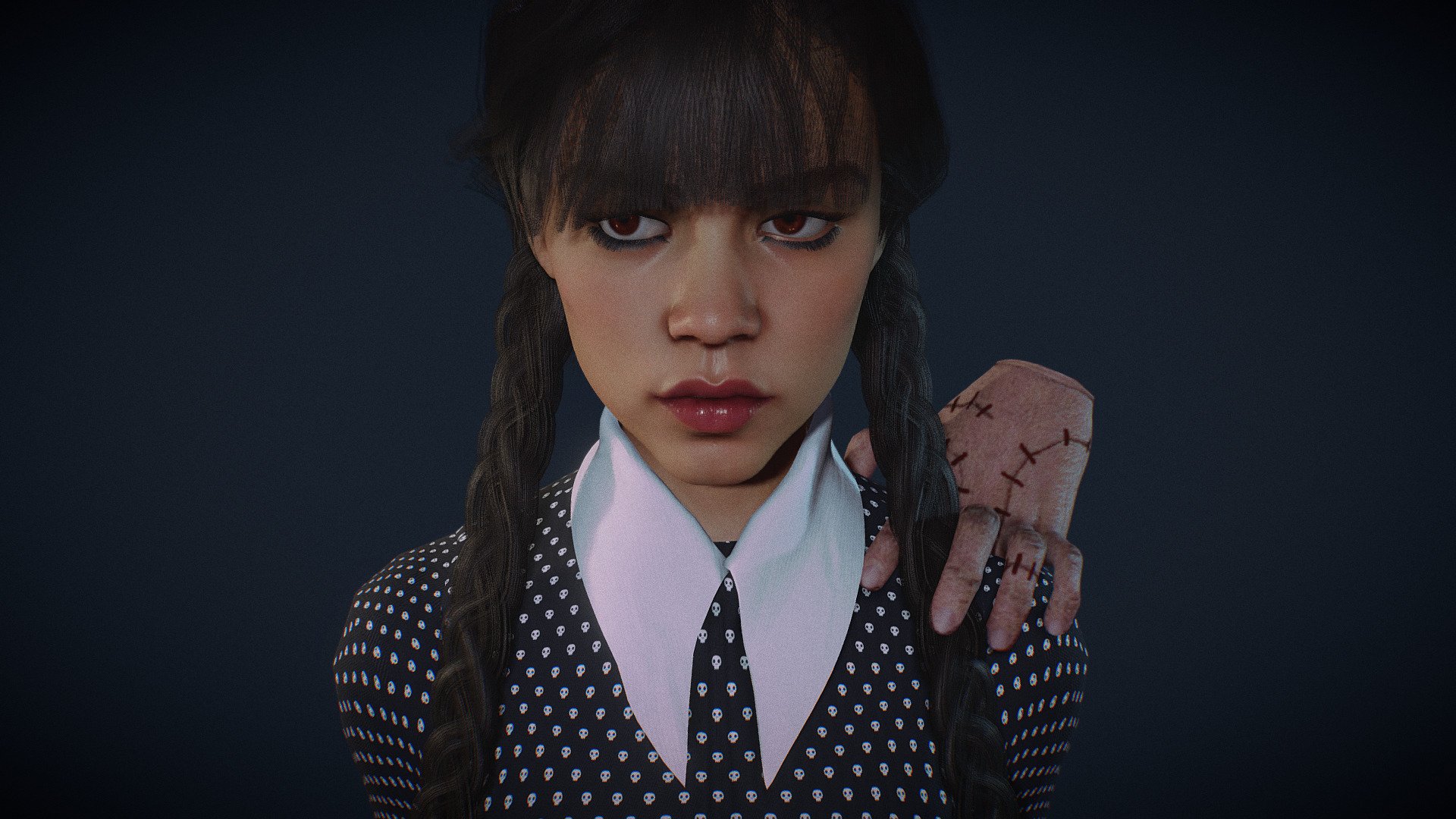 Wednesday Addams. Model in Blender file. Fully rigged. SSS subsurface scattering. mixamo bone names for animation 3d model
