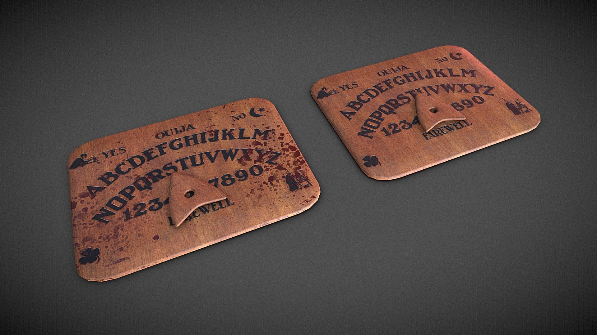 A pair of creepy ouija boards, the second version contains additonal blood detail.   Useful prop for any sort of horror scene.

PBR textures @4k - Ouija boards - Buy Royalty Free 3D model by Sousinho 3d model