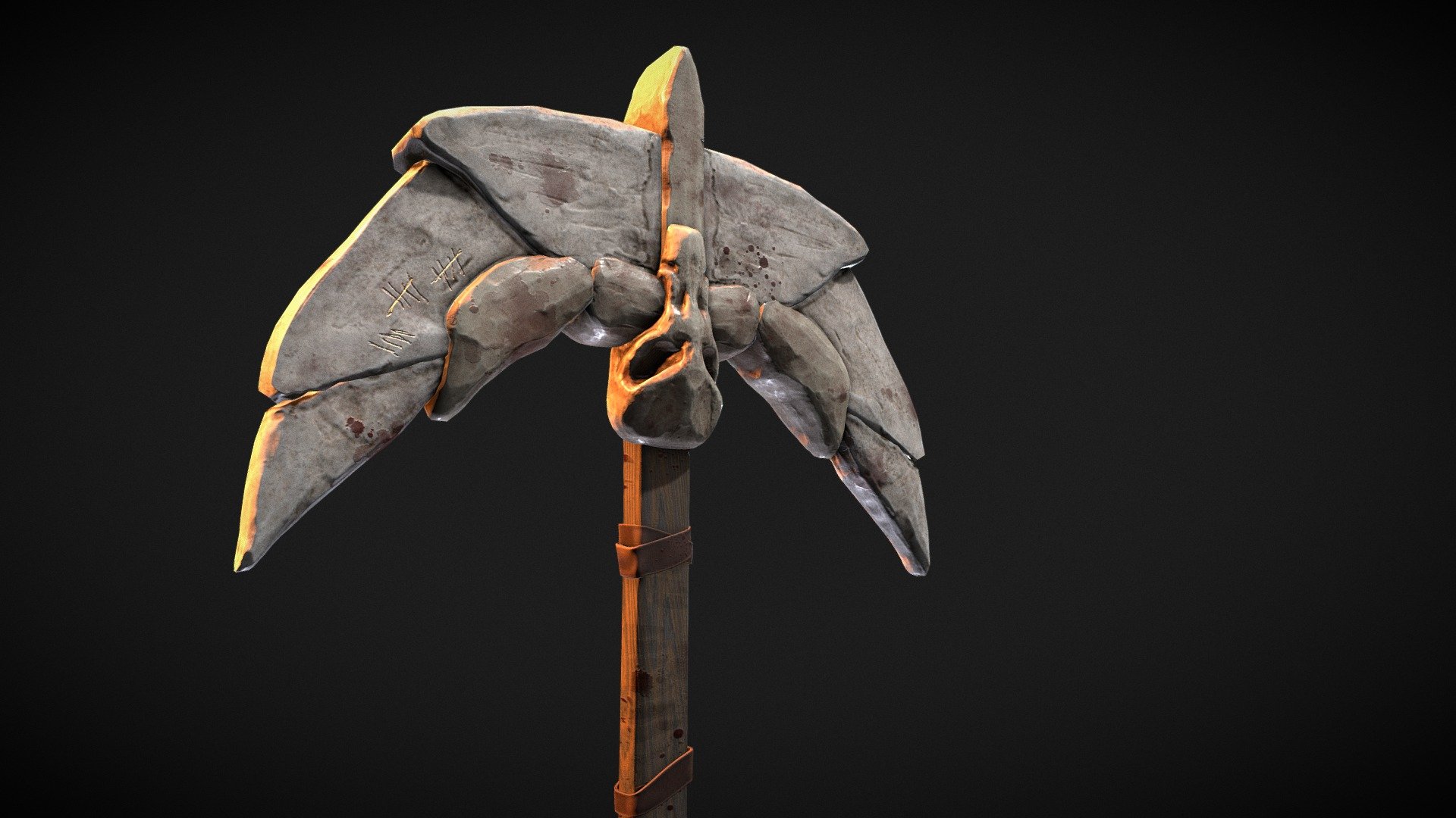 This is the Mythosaur Axe from the Star Wars Universe, i couldn't find a ton of references for it so I kind of took it my own direction, loosely based off the Star Wars pedia picture of the axe though 3d model