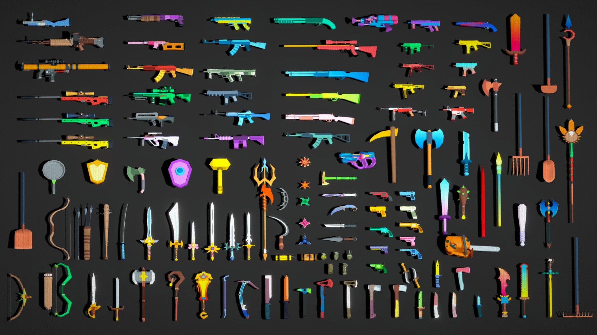 We are very excited to bring the low poly Weapons Mega Pack collection to you. Almost all types of 120+ weapons are covered in this Jumbo weapon pack.
All weapons models are game-ready assets and can be used in any 3d game which uses weapons.
A cartoon color theme was used for all these assets. You can also change the colors of the models and make so many variants by changing the color palate texture.
This pack fulfills your all weapon desires and needs as it includes Ancient weapons like Swords, Spears, Axe, Javelins, Bows, Arrows, Hammers, Mace, ninja stars (shuriken), knives, sai, tridents, etc, and also guns, tools, shields, sci-fi weapons,  Bombs, Mortar, and many more.

All the asset objects are originally modeled in a blender. Enjoy this low-poly Weapon Mega asset pack collection to make your game or cartoon-styled rendering or any other purpose of your choice. Don’t forget to leave a comment if you like this pack. Thank you - All Weapon Mega Pack Collection - Low Poly - Buy Royalty Free 3D model by Logicgo Infotech (@logicgo_infotech) 3d model