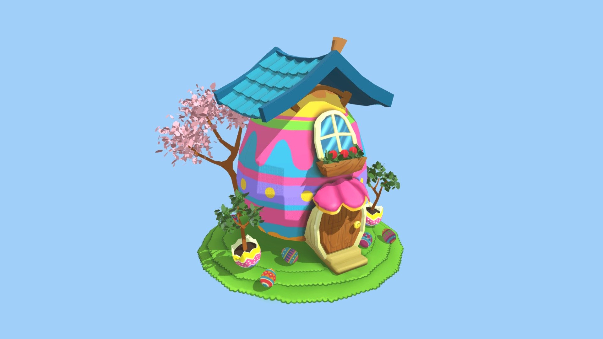 I decided to try my hand at a week-long challange from Sketchfab. 

Meet the Easter bunny house. I think since the Easter bunny brings chocolate eggs, his house should also be directly related to this theme.

This is my second project in the Blender. The hardest thing was to meet the deadline :D
Thanks to this project, I learned how to use transparent textures, as well as a little work with hand-paint textures and particles to create leaves.

Happy Easter to all of you!

The work is based on the illustration: https://www.123rf.com/photo_9331835_illustration-of-an-easter-egg-themed-house.html - ♡ The Easter Bunny House ♡ - 3D model by potato (@its_potato_chan) 3d model