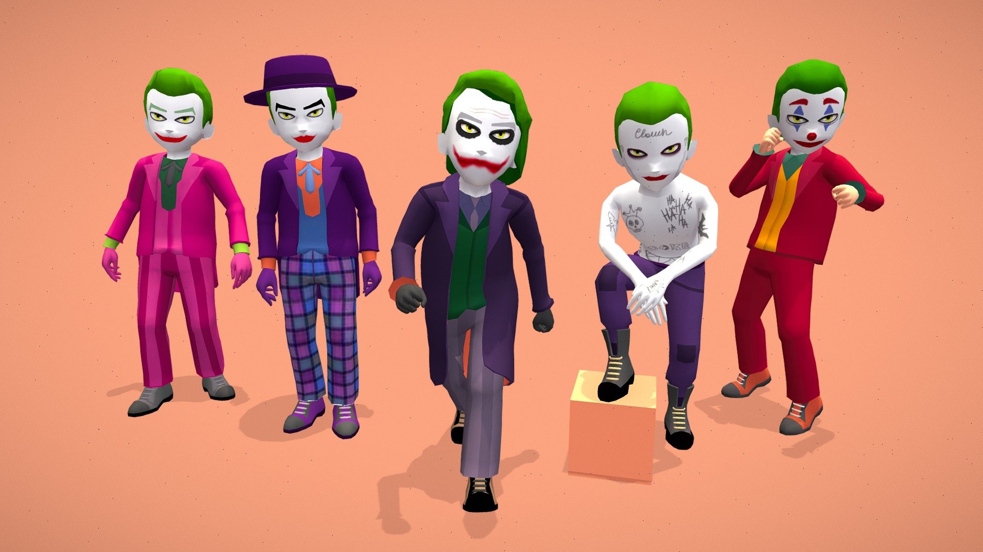 Joker - low poly 3D character. The pack includes several types of characters from different times and interpretations of the comic character.

The pack includes 5 types of Joker character. Each of the characters is a cartoon version of a character from the various films in which the character has been.

5 separate types of character meshes, each with a rig and overall texture

*animations not included

Number of textures - 1
Texture dimensions - 512x512
Polygon count of [Joker_1] - 5100 triangles
Polygon count of [Joker_2] - 5319 triangles
Polygon count of [Joker_3] - 5312 triangles
Polygon count of [Joker_4] - 4622 triangles
Polygon count of [Joker_5] - 4721 triangles
Number of meshes/prefabs - 5
Rigging - Yes
UV mapping -Yes

*animations not included - Joker - low poly 3D character - 3D model by Colorful Lions Studio (@colorfullionsstudio) 3d model