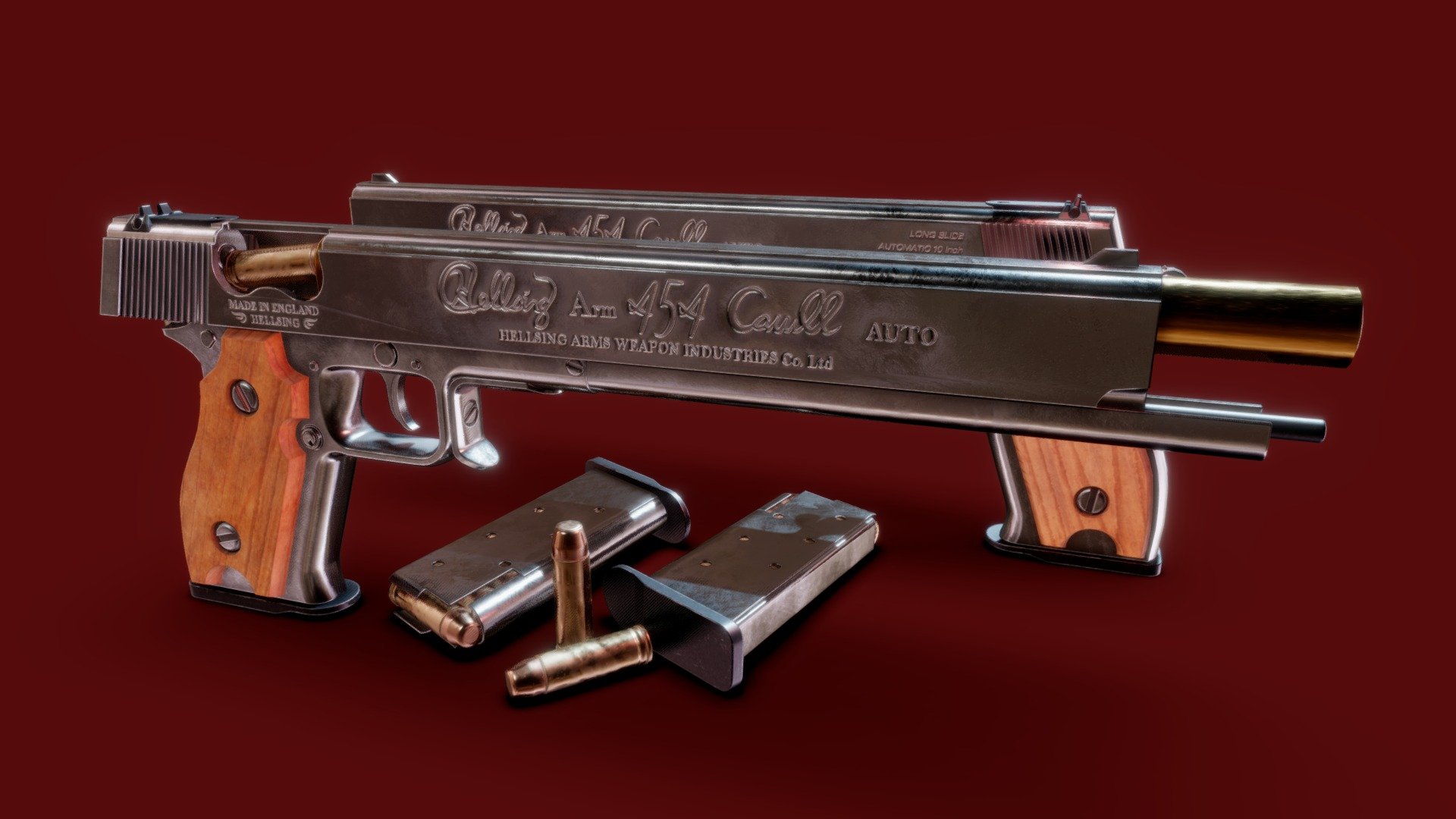 This is my own recreation of the 454 Casull from Hellsing! The form overall is fairly simple, but I had some difficulty with this mostly from the dificulty in finding consistent references, even with official art from both the OVA and original series of Hellsing and snipits from the Manga, this gun has a lot of subtle inconsistencies. One such inconsistency is the squareness of the slide. I had seen official art where the slide takes on a shape more similar to a 1911 pistol, but in other art and in the OVA, the slide appears more square and in some cases even appears to have plates on the side and top. So some details I tried going for a middle ground of the differences I had come across.

Fairly happy with how this came out, I feel it's fairly accurate, or at least as accurate as I can get considering the inconsistent source materials lol

A single fully assembled 454 Casull with a full mag plus one in the chamber comes out to just under 6000 Verticies and just over 11k Tris 3d model
