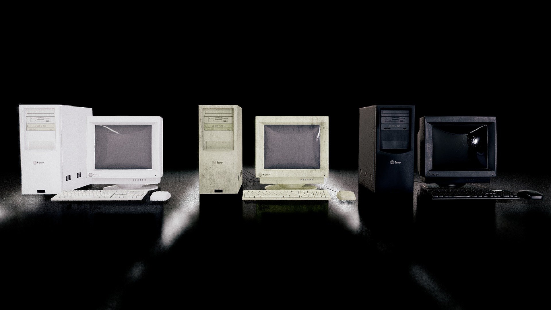 Retro computers pack
-

THE PACK

In this pack you'll find a complete computer set with :




monitor

computer

keyboard

mouse

cables

-

DEMO

You can see an animated demo of this model right here : https://skfb.ly/6yBFt

You can see more details here : https://skfb.ly/6yCrB

-

PBR

There are three textures variatons for each mesh, in 2048px, 1024px or 512px, each in PBR (diffuse, roughness, metalness, normal map). For some textures, you can use the same maps and just change the diffuse one. Don't forget to check the model without filters before buying.

-

USE

The model could be used in real time application like VR, AR or games, the mesh was triangulate, too (if you want the model in quads, you can download the additional file).

-

SOFTWARES

Made with Blender and Photoshop.

-

MORE

Don't forget to subscribe for more ! If you have any question or issue, tell me in the comments section below and I'll do my best :) - Low poly Retro computers #2 - Store pack - Buy Royalty Free 3D model by Mickael Boitte (@boittemike1) 3d model
