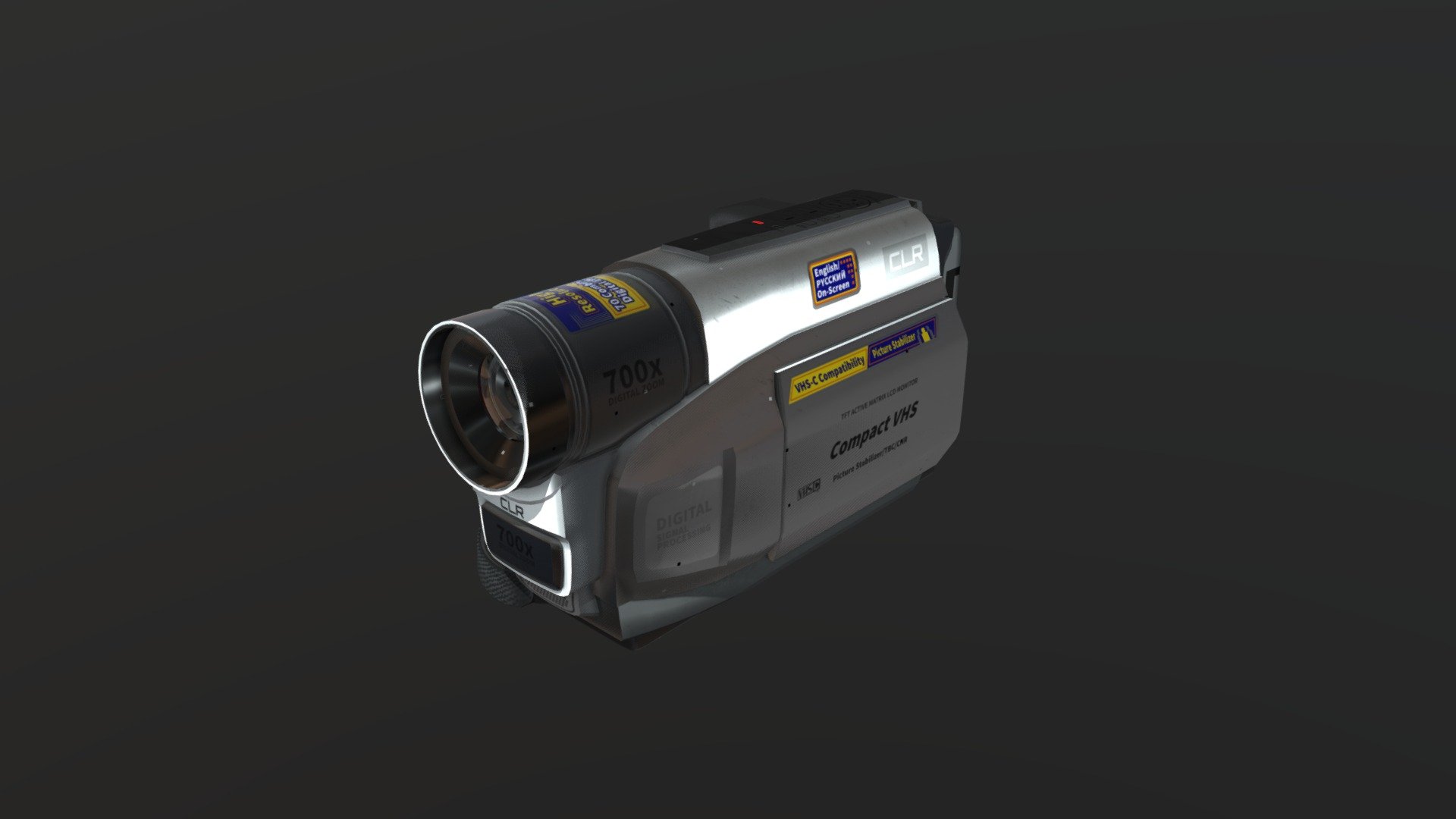 This model is an almost exact replication of a JVC compact VHS camcorder I had lying around. I changed the company name for obvious reasons.

I wanted to practice 3d modelling and texturing from a real reference object, so I chose this camcorder because of the round-ish shapes and the 80s vibes.
It's a little out of my generation, but I love the look and feel of VHS anything, really, so this was a perfect reference object 3d model