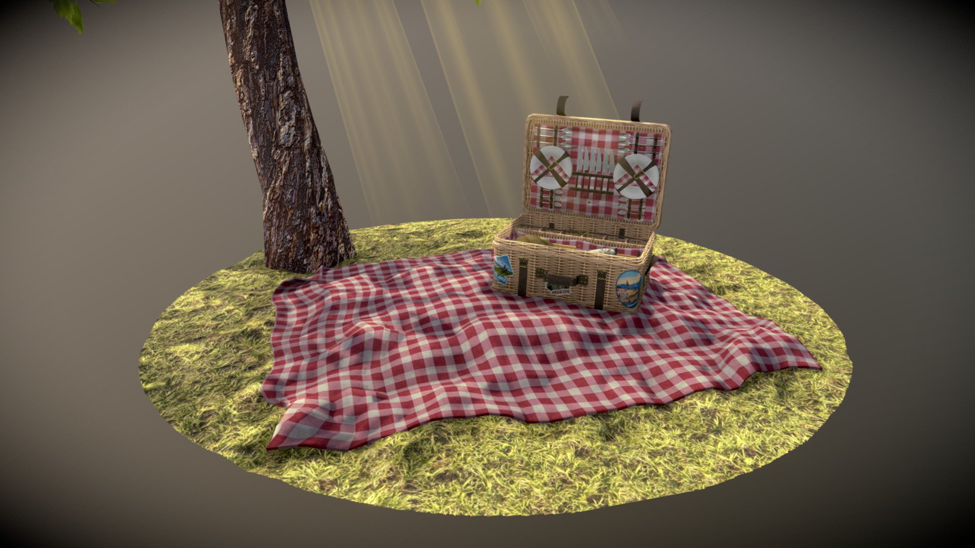Among distinguished hikers, we tell the story of the picnic basket, a treasure chest that allows to eat into the wild while enjoying the comfort of the table! To find it, look at the trees' foot during spring time!

Made with 3Ds max, Substance Painter and Designer, 
For the Tree I used Tree It! - Picnic time ! - 3D model by kuckbert 3d model
