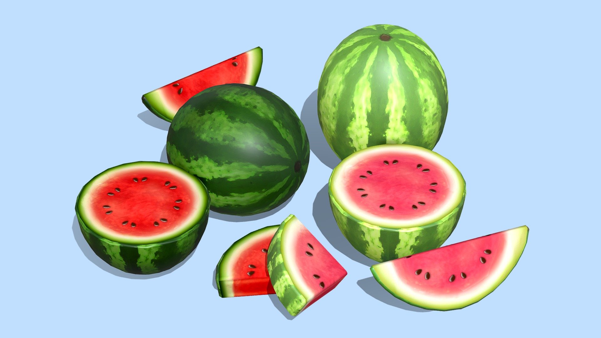 The best part of summer!




Two different kinds of watermelon with their cut and sliced versions

1024x1024 diffuse textures - can be lit or unlit

Low-poly models and handpainted textures
 - Watermelons - Buy Royalty Free 3D model by Megan Alcock (@citystreetlight) 3d model