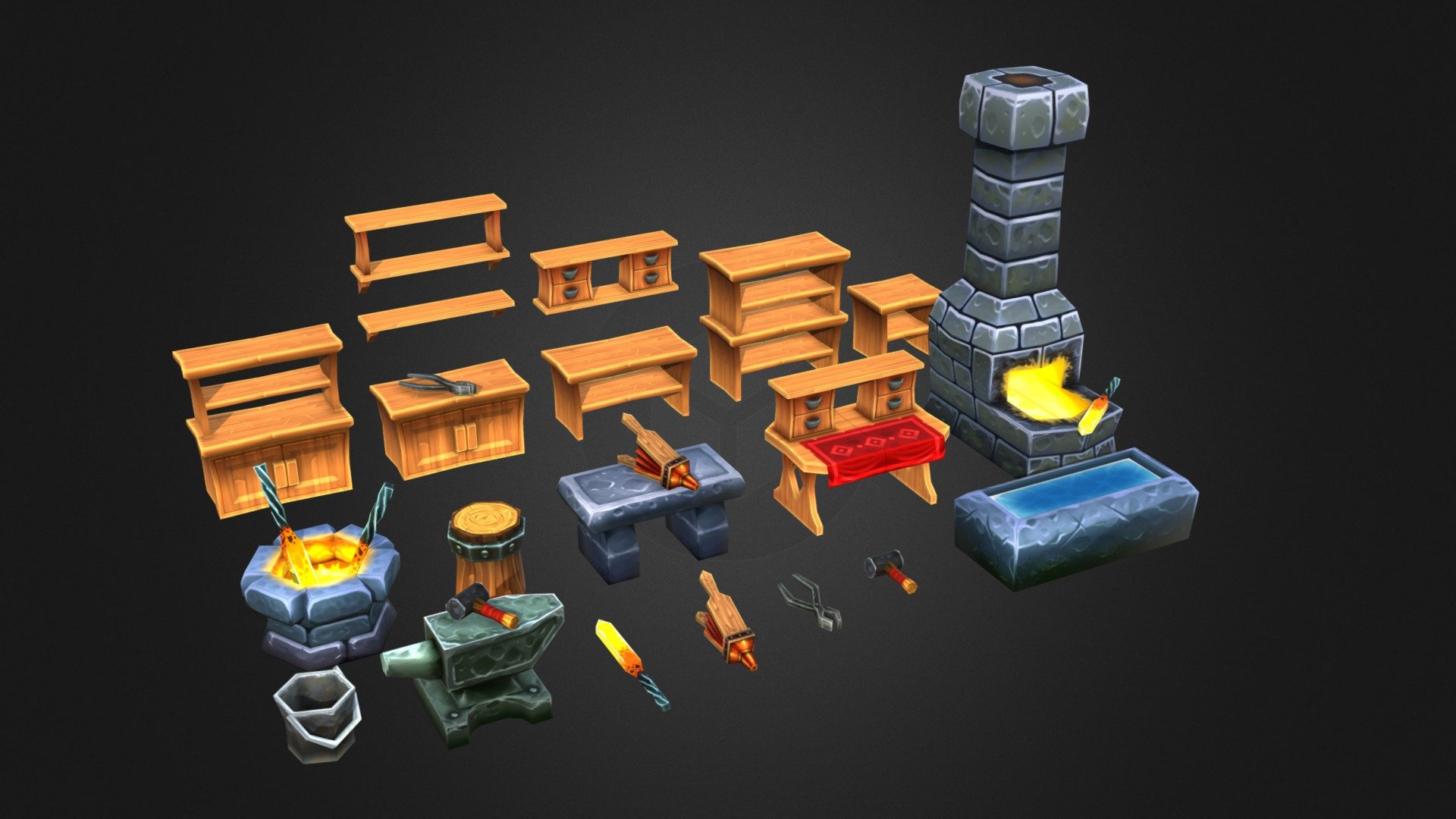 The kit includes: 20 models for the blacksmith's workroom - Blacksmiths Furniture - 3D model by Lexo3000 3d model