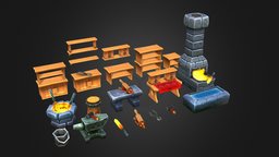 Blacksmiths Furniture room, wooden, hammer, work, handpaint, furniture, blacksmith, anvil, furnace, blender3d, stone, fantasy
