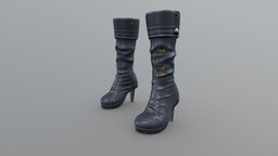 Female Navy Gold Buckles High Heels Calf Boots leather, high, fashion, girls, superhero, shoes, boots, buckles, heels, womens, official, formal, calf, thick, pbr, military, female, blue, black, gold, navy