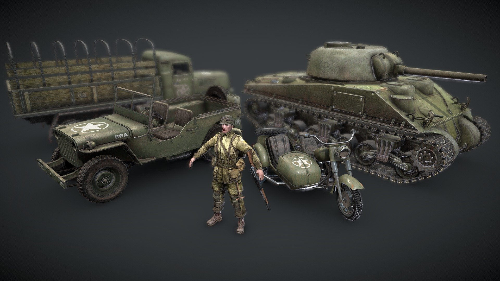 American WWII Pack
- Army Truck
- Willys MB Jeep
- Sherman Tank
- Army Bike
- American WWII Soldier - American WWII Pack - Buy Royalty Free 3D model by Realtime (@gipapatank) 3d model