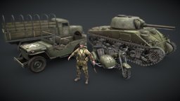 American WWII Pack trooper, truck, us, soldier, army, jeep, pack, wwii, collection, american, tank, cannon, low-poly, asset, game, vehicle, military, usa, car, war