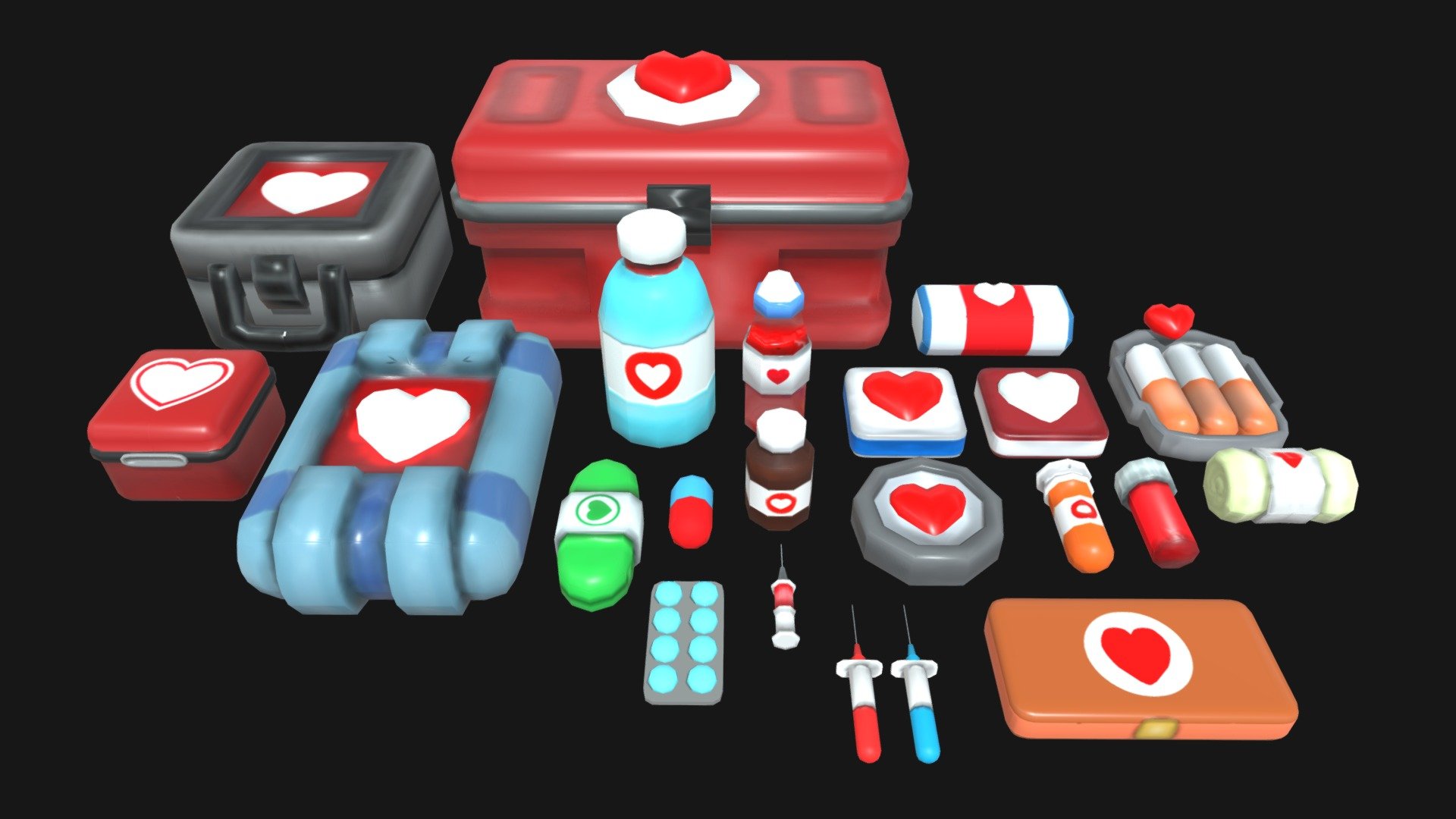The file contains:




Textures in 1024x1024 with NormalMaps for each object

Blender file for editions

UVMapped objects

The objects of the pack includes:




Medkits

Healthbottles

Syringes

Pills

Bandages

Flasks

The materials of each model was handpainted by me on Blender

I created this model aiming at the development of cartoon games that use lowpoly models, but depending on your needs you can use it wherever you prefer 3d model