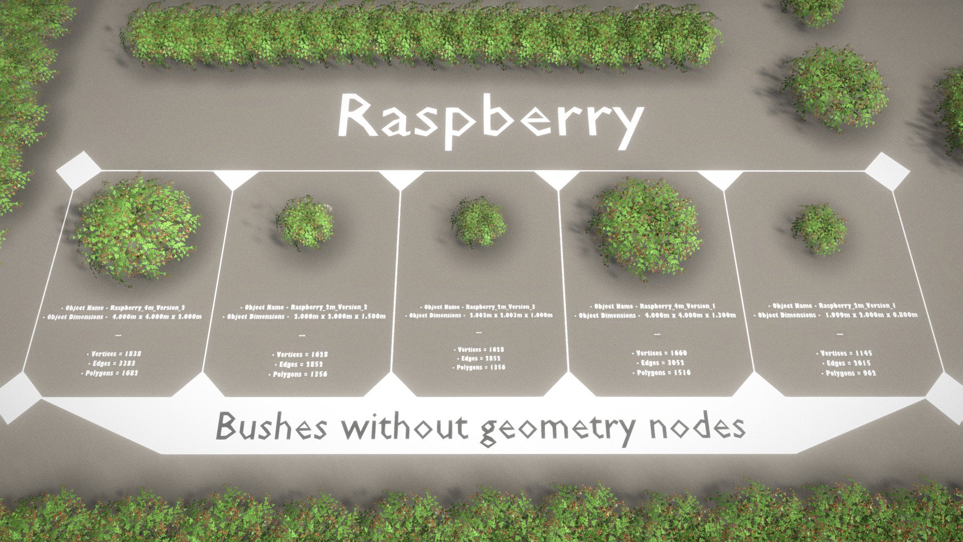 Here are some low-poly rasberry bushes and hedges.

Easy editable with geometry nodes in Blender 3.5.0.

The geometry nodes for creating these hedges are included.



Parts with out Geometry Nodes:




Raspberry_2m_Version_1 

Dimensions -  1.999m x 2.000m x 0.800m

Polygons = 962






Raspberry_2m_Version_2 

Dimensions -  2.000m x 2.000m x 1.500m

Polygons = 1356






Raspberry_2m_Version_3 

Dimensions -  2.003m x 2.003m x 1.000m

Polygons = 1356






Raspberry_4m_Version_1 

Dimensions -  4.000m x 4.000m x 1.300m

Polygons = 1516






Raspberry_4m_Version_2 

Dimensions -  4.000m x 4.000m x 2.000m

Polygons = 1682



Material - Raspberry:




Blend Mode: CLIP

Shadow Mode: CLIP

Raspberry_Nor.jpg(4096x4096px)

Raspberry_Ro.jpg(4096x4096px)

Raspberry_Col.png(4096x4096px)






Last update:
14:04:40  16.05.23

3D modelled and textured by 3DHaupt in Blender 3.5 3d model