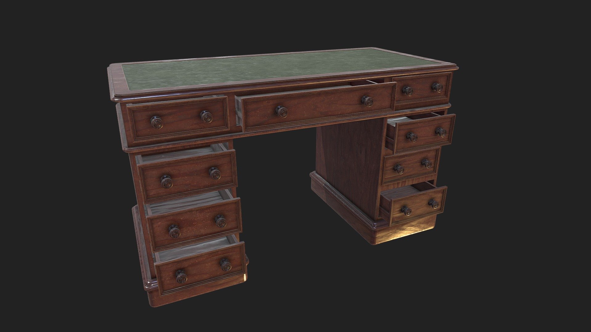 2x 2048x2048 texture packs (PBR Metal Rough, Unity HDRP, Unity Standard Metallic and Unreal Engine), one for the desk and the other for the drawers:

PBR Metal Rough: BaseColor, AO, Height, Normal, Roughness and Metallic;

Unity HDRP: BaseColor, MaskMap, Normal;

Unity Standard Metallic: AlbedoTransparency, MetallicSmoothness, Normal;

Unreal Engine: BaseColor, Normal, OcclusionRoughnessMetallic;

The package comes with .obj, .fbx, .dae and .blend files 3d model