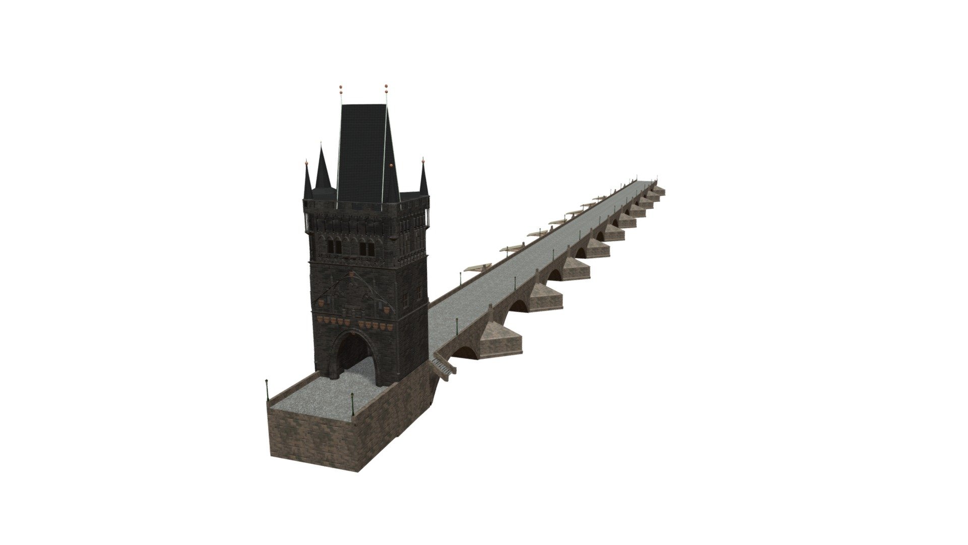 3D model of Charles Bridge with Tower in Prague, Czech Republic

Made in Blender

Unwrapped, good for close-up shots.

Medium-poly.

Charles Bridge is a medieval stone arch bridge that crosses the Vltava river in Prague, Czech Republic. Its construction started in 1357 under the auspices of King Charles IV, and finished in the early 15th century. The bridge replaced the old Judith Bridge built 1158–1172 that had been badly damaged by a flood in 1342. This new bridge was originally called Stone Bridge or Prague Bridge, but has been referred to as &lsquo;Charles Bridge' since 1870 3d model