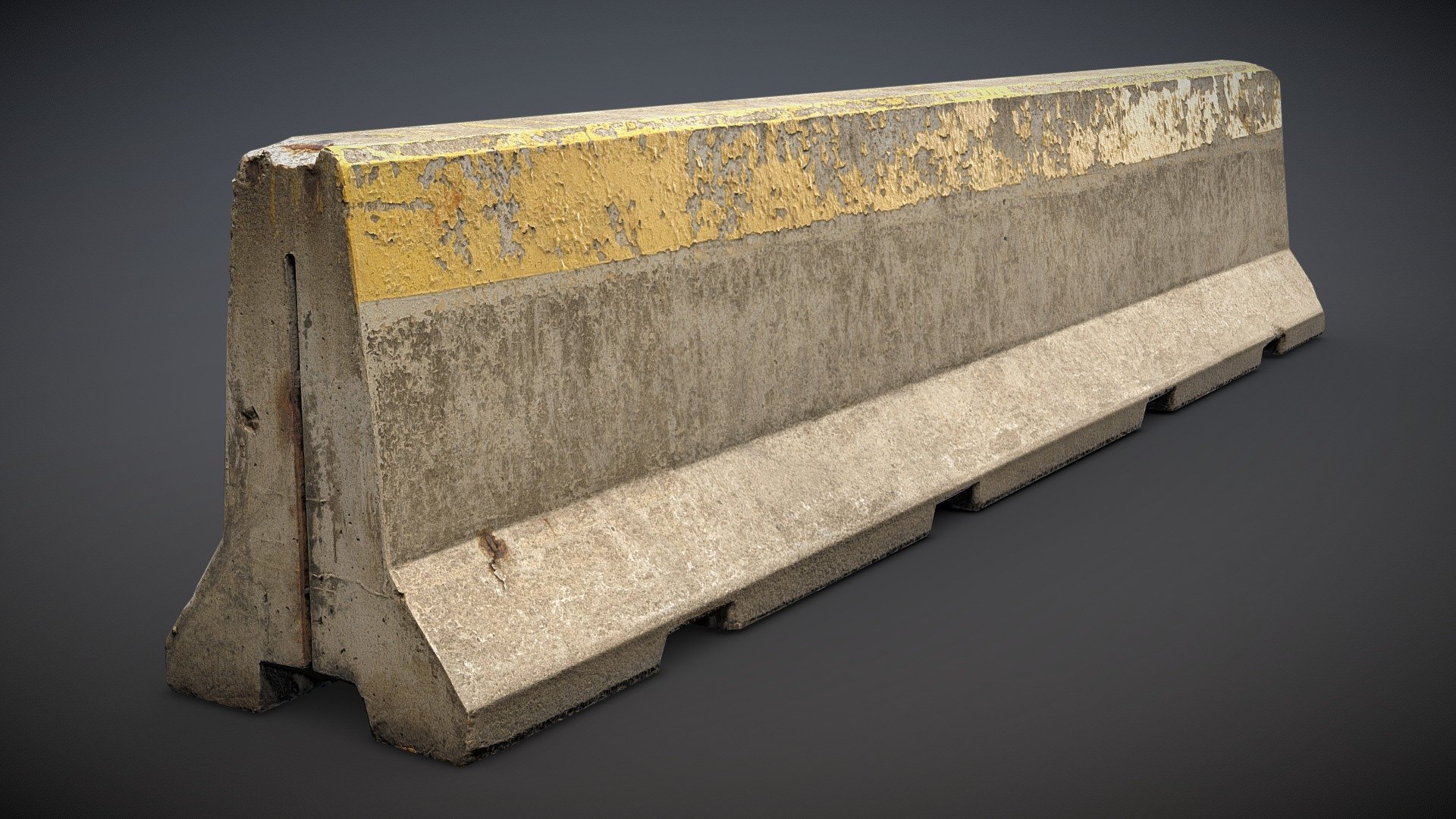 Photoscanned concrete road barrier. Item was scanned on cloudy day with 42 mpix camera (about 400 photos). Model was completely retopologized and height details was baked onto low poly mesh. Attached zip contains textture sets for standard PBR, Unity URP, HDRP and Unreal engine, all in 4K 3d model