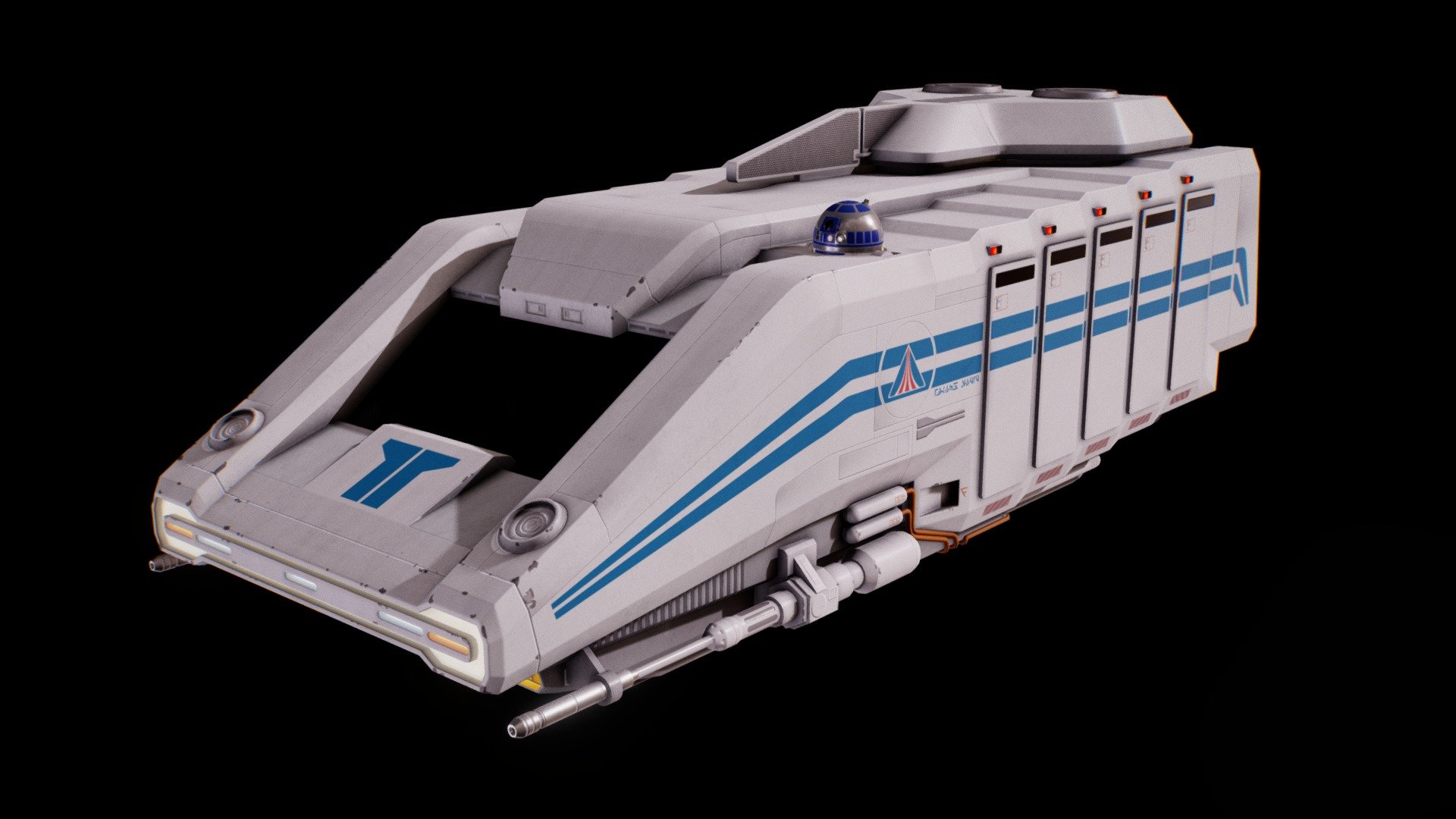 From the original 1987 hit Disneyland attraction Star Tours, the legendary StarSpeeder 3000!

The StarSpeeder 3000 was a transport spacecraft used by the Star Tours travel agency. It had room to carry up to 40 passengers. It is unknown what company designed the craft, but they were produced sometime around the Battle of Hoth.

The StarSpeeder 3000s were very similar to their predecessors, the StarSpeeder 1000s, both in shape and equipment. The craft was still boxy, with a downwardly angled front side, and still featured the usual five automated doors on both starboard and portside. With its five seating rows, the 3000 could still be boarded by no more than forty passengers at a time. Like with the StarSpeeder 1000, an astromech droid was loaded in a socket at the bow of the ship 3d model