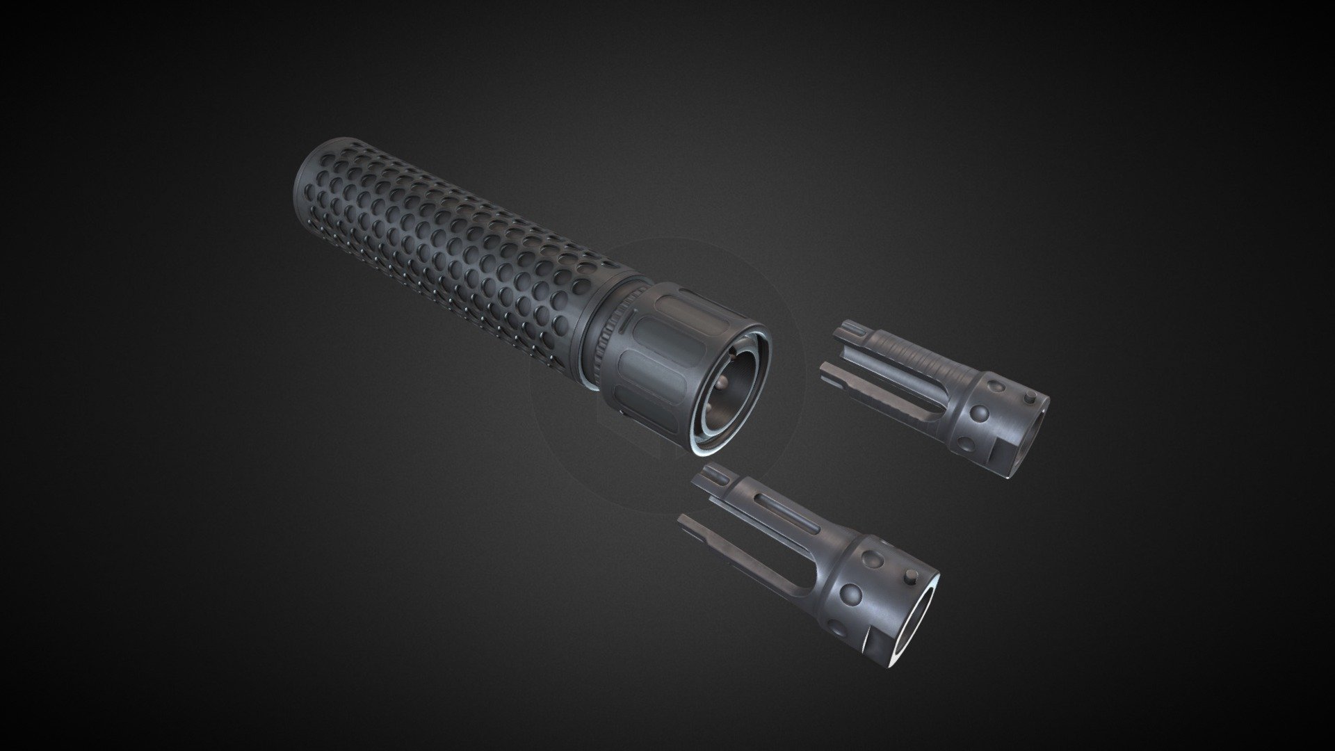5.56mm QDC 3-Prong Muzzle device and sound suppressor.  

All parts have separate PBR materials in 4K. Black and FDE colors are included.

Tris:25K

Verts: 15K

Yes. that model is chunky, its hard to not make it big with all those holes on suppressor. And making them have less tris or baking them on normal make it look weird as hell.  

Made in Blender.  

PS. Model is not made to be 3D printed. Please do not ask for conversion or scale for print 3d model