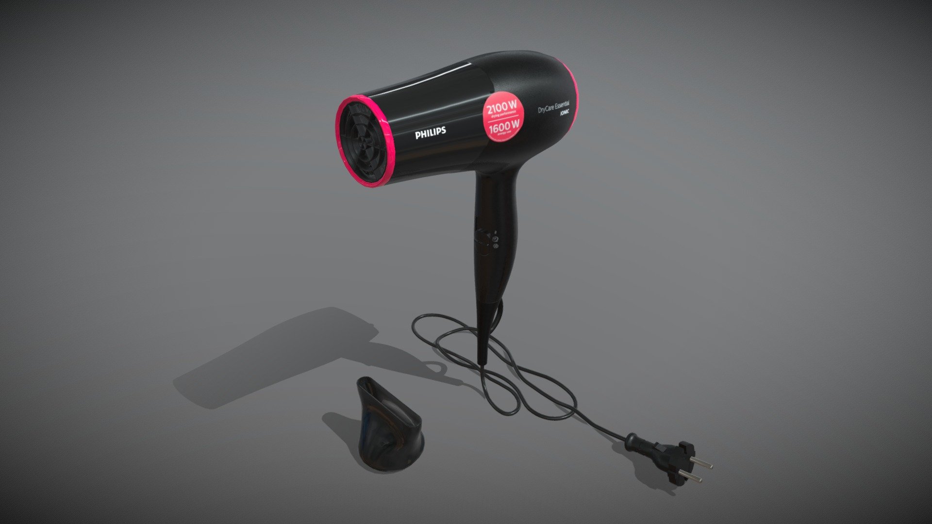 Mid-poly model of the Philips DryCare Essential Ionic Hair Dryer. Free download. The archive contains the .fbx model plus 4K textures for PBR metal/roughness workflow 3d model