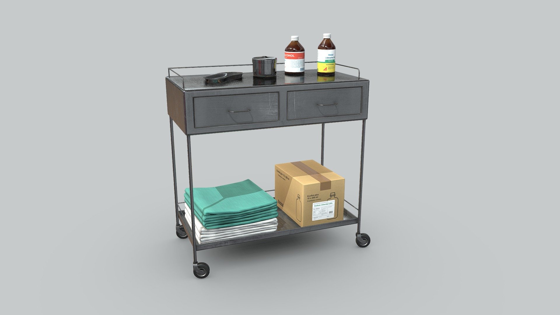 Lowpoly medicines trolley with 5679 polys. All quads, real measures, centered in 0,0 coordinates and PBR textures in 4096 x 4096 in two materials. Ready to use. See the bed for this asset here: https://skfb.ly/oMVtn 
See the Hospital drip for this asset here: https://skfb.ly/oNuup
See the oxygen gas tank here: https://skfb.ly/oNxK6
See Medicines hospital cupboard here: https://skfb.ly/oNJYN
See Old Hospital Sink here: https://skfb.ly/oNYDU - Medicines trolley - Buy Royalty Free 3D model by markusenes 3d model