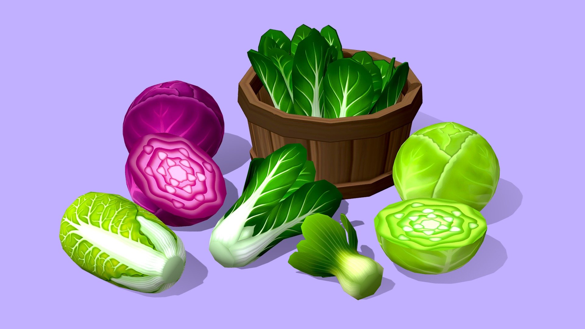 Oh no, my cabbages!
A variety of low-poly, stylized cabbages for your virtual cabbage stand! 




Five different models to choose from - Napa cabbage, two different varieties of Bok Choy, Red and Green cabbage with their cut versions. Also includes a wooden veggie barrel.

1024x1024 texture resolution- can be lit or unlit

low-poly and handpainted!
 - Cartoon Cabbages - Buy Royalty Free 3D model by Megan Alcock (@citystreetlight) 3d model