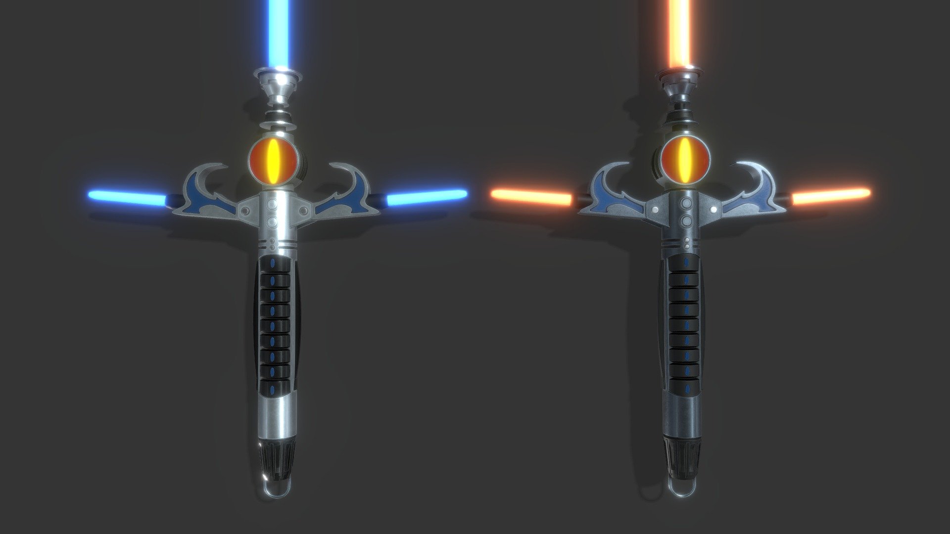 My take on what a Sword of Omens might look like as a Lightsaber.

Better renders here https://www.artstation.com/artwork/xDBgQ2

I haven't used the proper symbol just the eye part. 

Two versions. Light metal and dark metal.

Blades are just for show but I have included a model with them attached if wanted 3d model