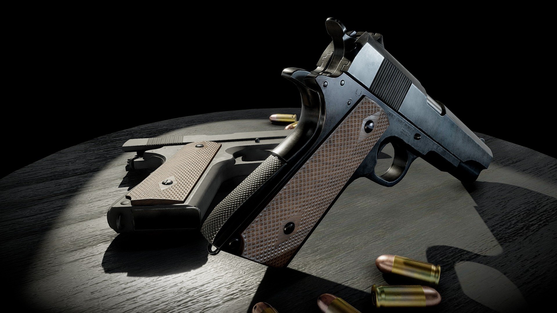 This is a M1911 45 cal. handgun. It comes in both a blued and a parkerized version 3d model