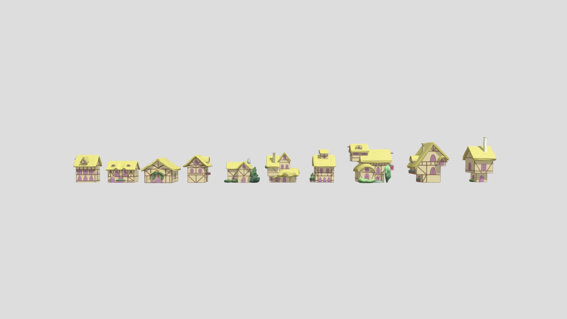 10 Toon Pony Houses.

Textures: 1024 × 1024, Multiple colors on texture.

Has Normal Map: 1024 × 1024.

UV map included: 1024 × 1024.

10 Textures. 

Materials: 1 - Toon House 1- 10

Smooth shaded.

Mirrored.

Subdivision Level: 1

Origin located on bottom-center.

Polygons: 422648 (Subdivision 0: 105698)

Vertices: 212142 (Subdivision 0: 53388)

Upon Request subdivision can be reduced to 0.

Formats: Fbx, Obj, Stl, Dae.

I hope you enjoy the model! - Toon Houses - Buy Royalty Free 3D model by Ed+ (@EDplus) 3d model