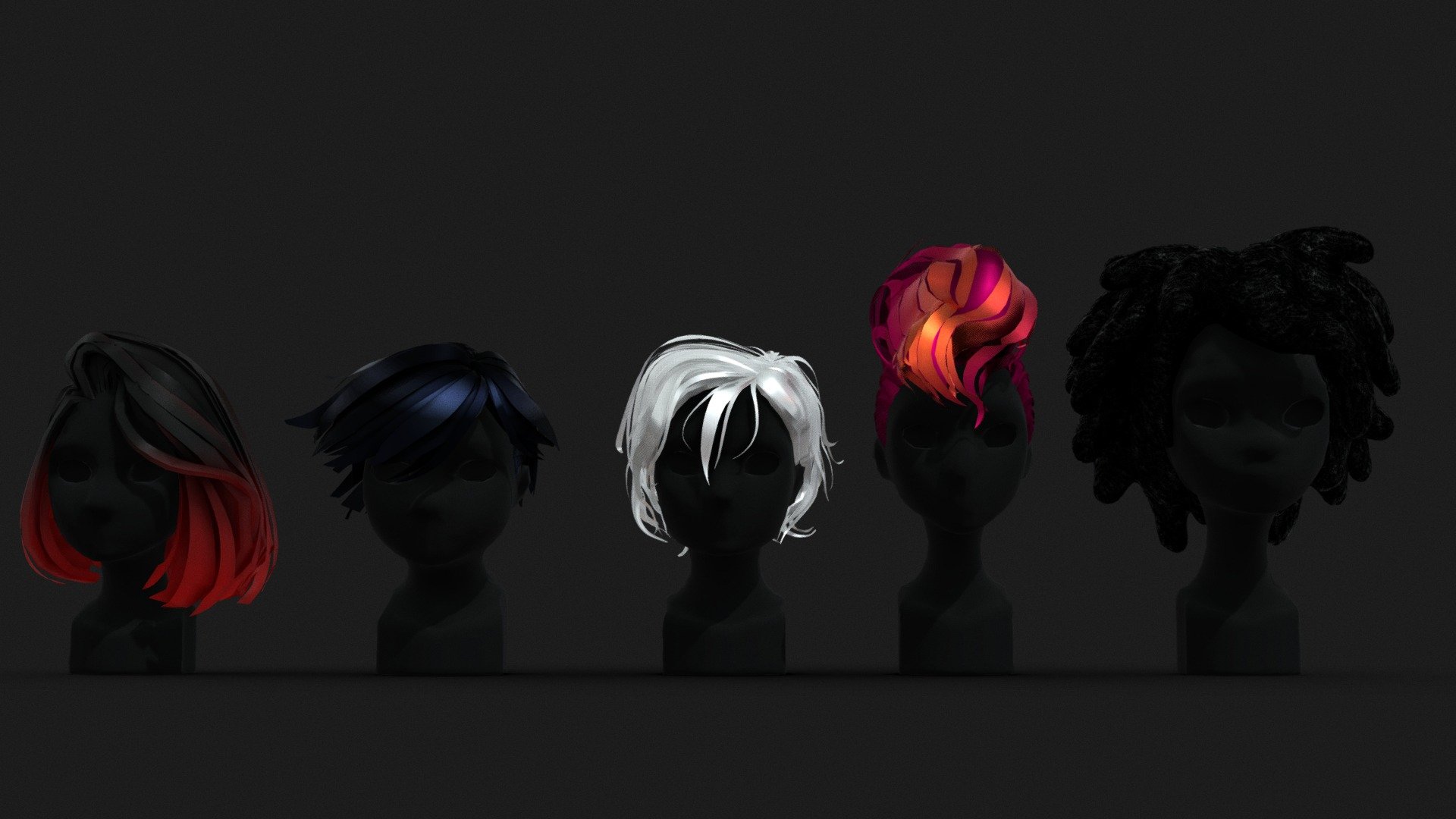 Five cartoon, low poly hairstyles for modern characters 3d model