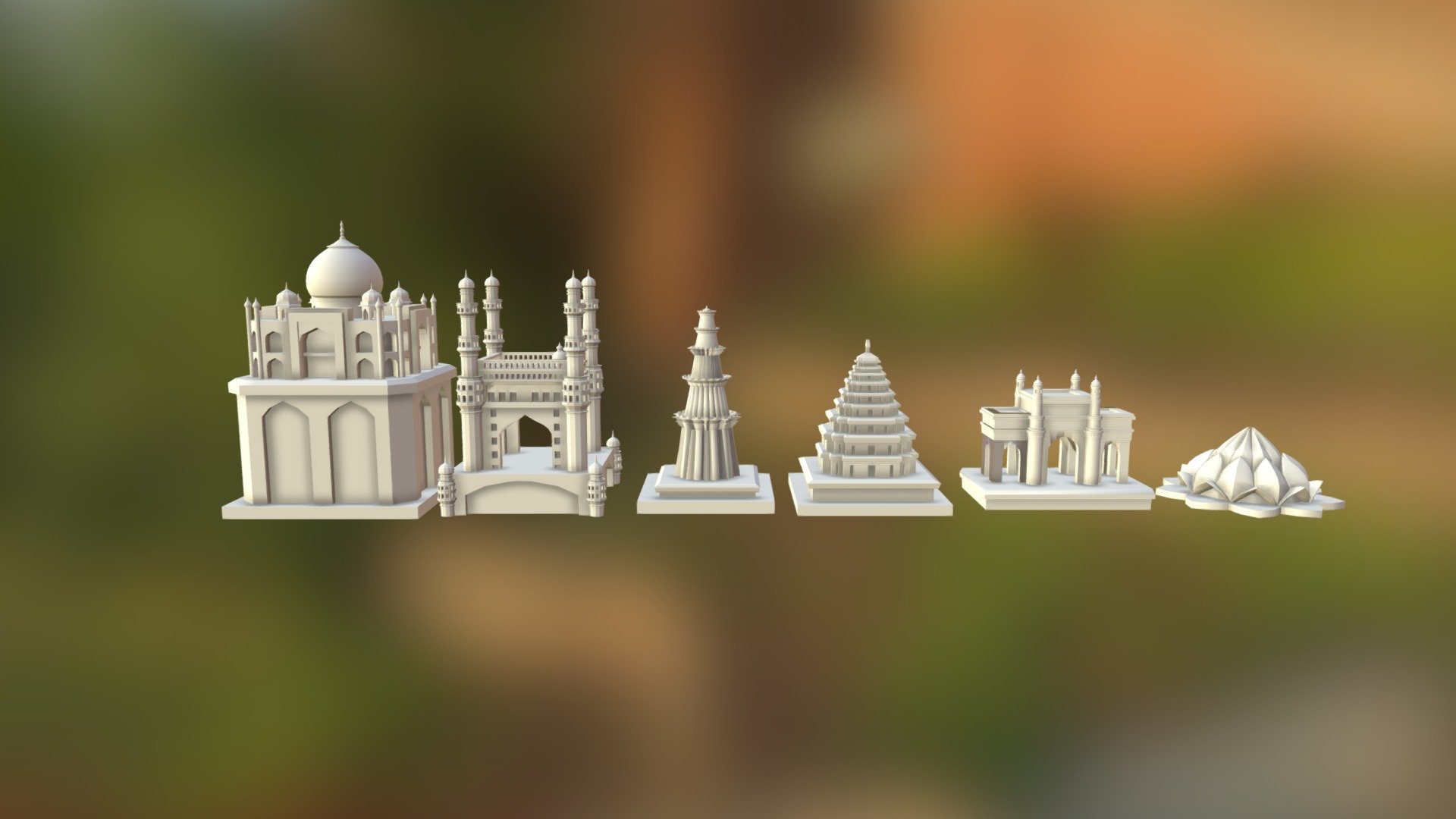 Chess set I created for a client. 
Each piece is a famous monument from India. Included (left to right) are the Taj Mahal, the Charminar, Qutub Minar, South Indian Temple, the Gateway to India and Lotus Temple - Monuments Of India Chess Set - Buy Royalty Free 3D model by afriedlander 3d model