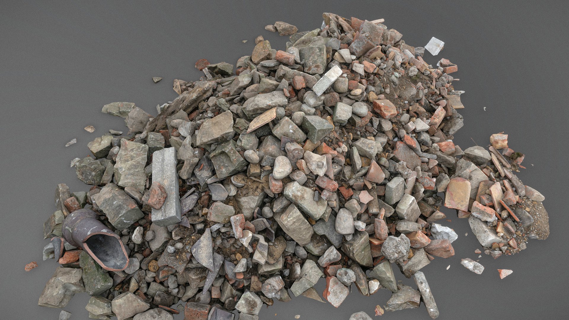Building demolition demolished ruin stone and bricks rubble debris pieces of material with broken pipe tube

photogrammetry scan (140x36mp), 5x8k textures + HD normals - Rubble pile with pipe - Buy Royalty Free 3D model by matousekfoto 3d model