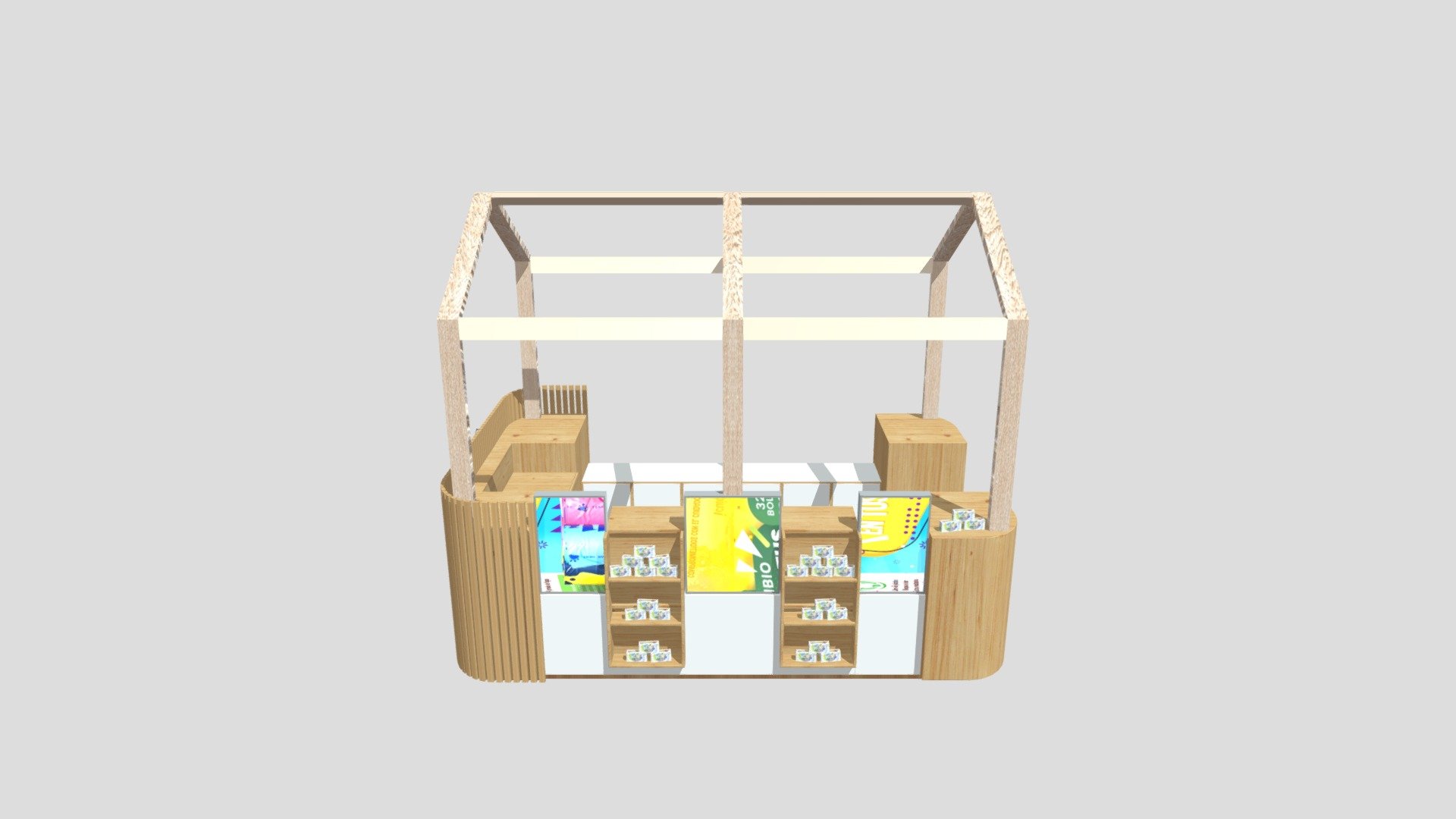 Mall kiosk Design in bone shape with wooden furniture and a metal structure with hanging plants - NAtupets op2 - 3D model by lfsolano13 3d model