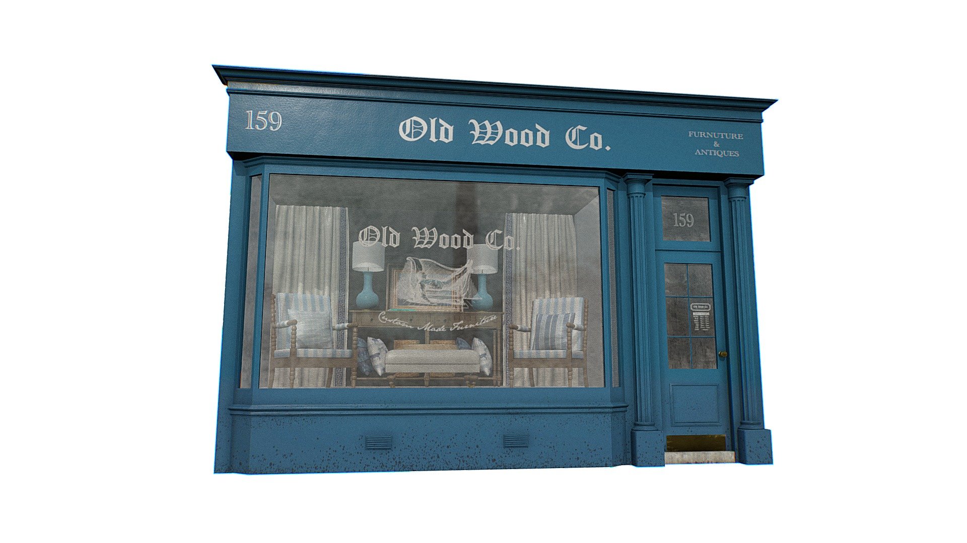 Old Furniture &amp; Antiques Store Facade 3D Model

Browse All Storefronts [Here]((https://sketchfab.com/omny3d/collections/store-facades-93ae2a1013db4ca5b7f7405f0844c9eb)

Model Includes:

American Classics Living Room Furniture Set




Wooden Chairs

Blue Ceramic Table Lights

Rug

Wooden Country Style Console

Natural Fabric Ottoman on Brass Wheels
 - Storefront Facade - Furniture & Antiques - Buy Royalty Free 3D model by Omni Studio 3D (@omny3d) 3d model