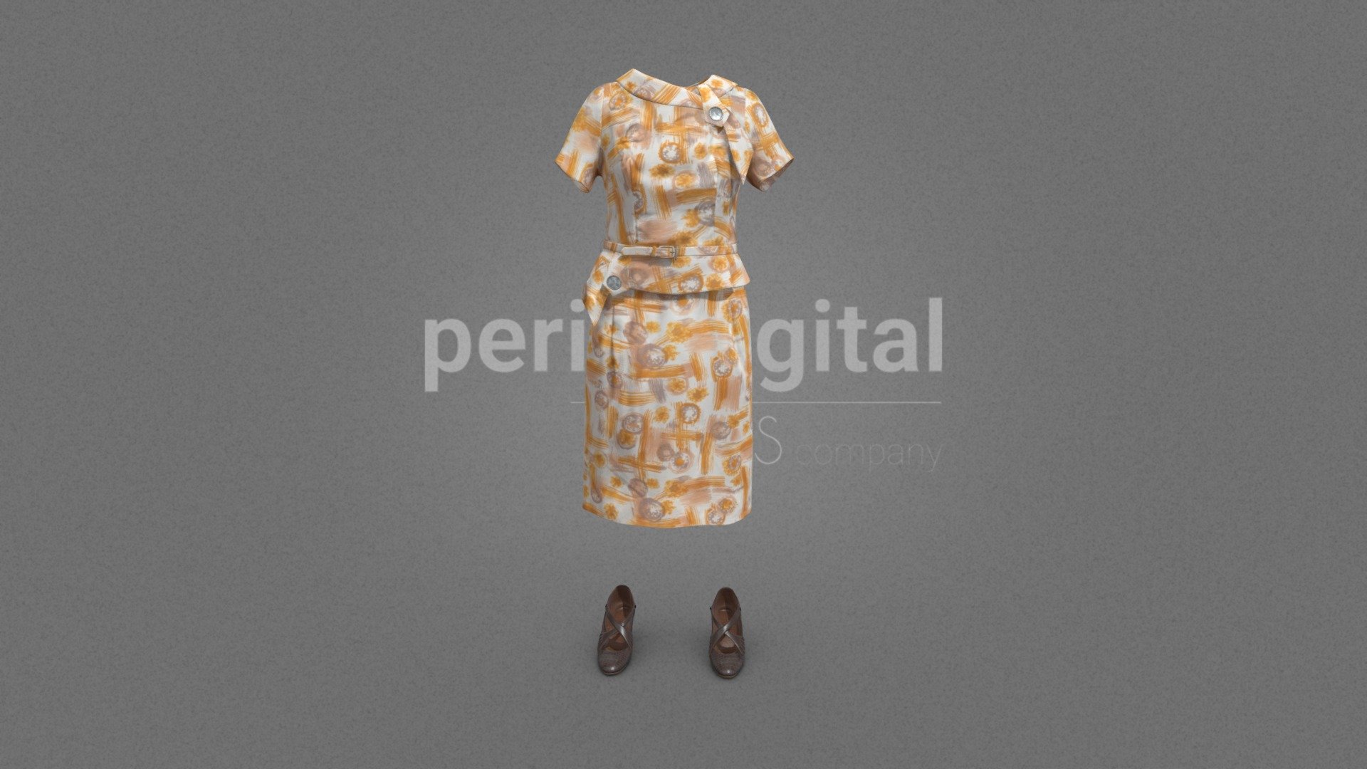 Mustard and white printed tube dress with short sleeves, asymmetrical waist belt and peak, gray button on the hip, closed neck and bow with gray button, brown leather heels with cross strap.

Our &ldquo;40s