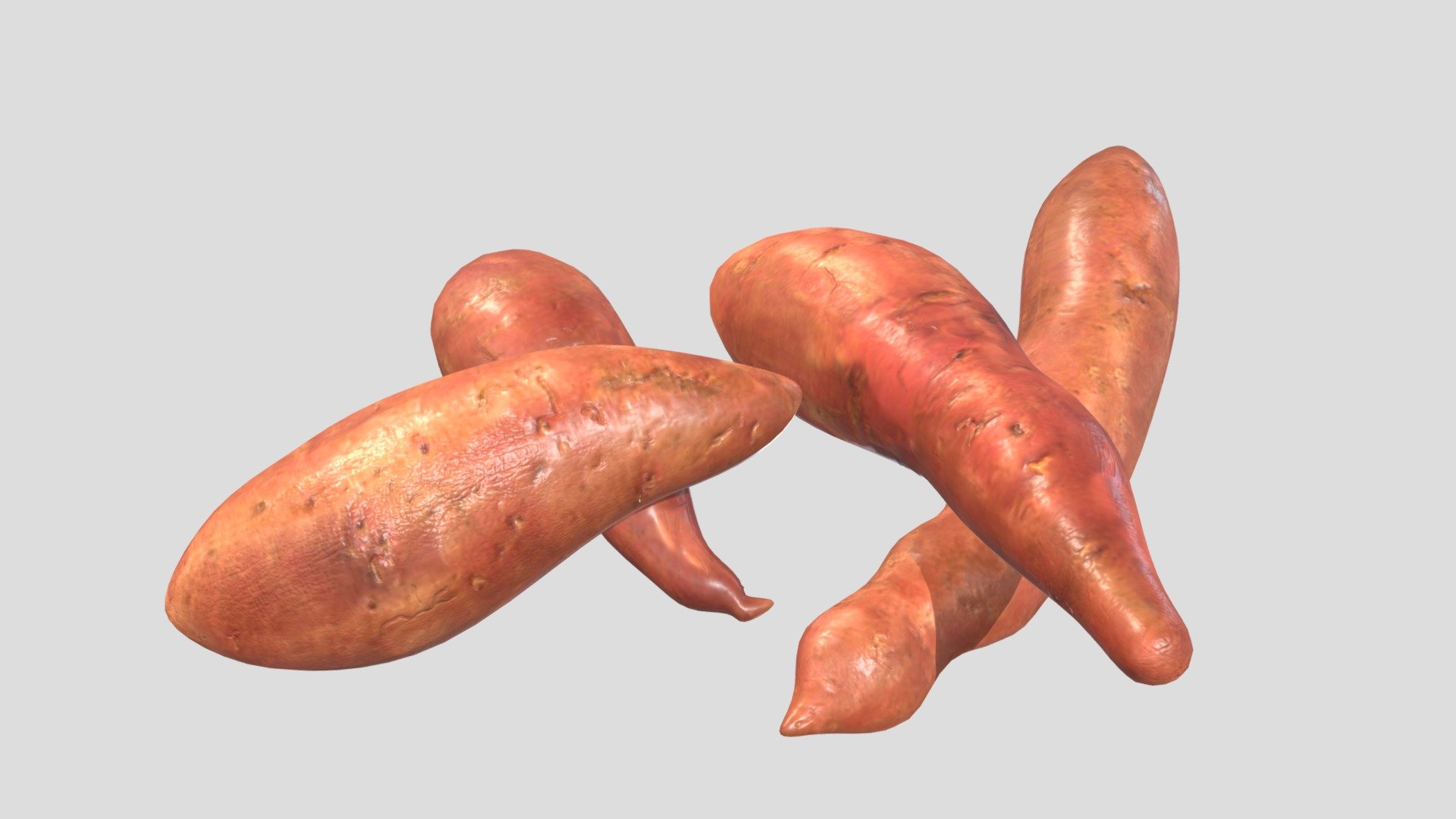3d model of a Sweet Potato. Perfect for games, scenes or renders.
Model is correctly divided into main parts. All main parts are presented as separate parts therefore materials of objects are easy to be modified or removed and standard parts are easy to be replaced.

TEXTURES: Models includes high textures with maps: Base Color (.png) Height (.png) Metallic (.png) Normal (.png) Roughness (.png)
FORMATS: .obj .dae .stl .blend .fbx
GENERAL: Easy editable. Model is fully textured.

Vertices:2.5k Polygons: 2.5k

All formats have been tested and work correctly.
Some files may need textures or materials adjusted or added depending on the program they are imported into 3d model