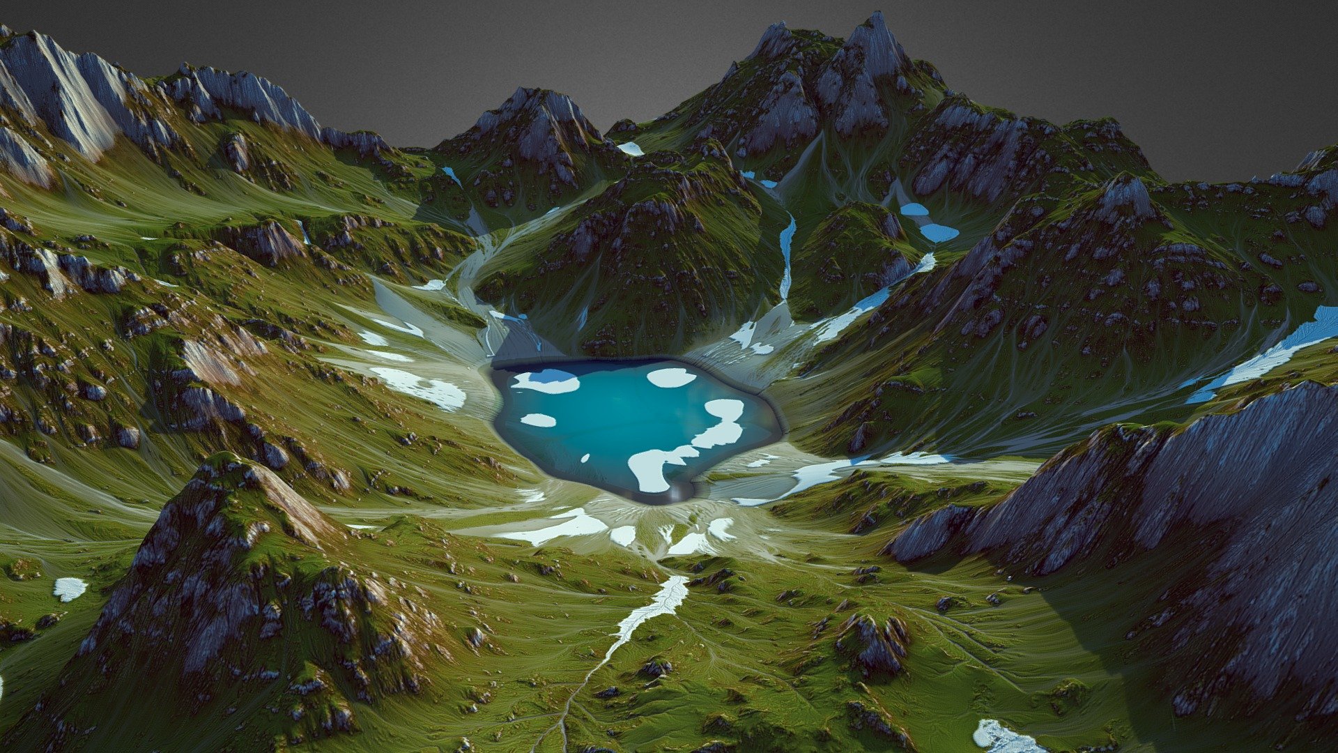Fully Procedural Landscape created in World Machine. https://www.artstation.com/sergddd 3d model ready for your project!

-High poly and Low poly mesh

-4096pix Textures (color/light/normal/height/splat/snow and other) - Alpine Mountain Lake (World Machine) - Buy Royalty Free 3D model by gamewarming 3d model