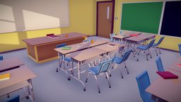 Low Poly ClassRoom school, chairs, tables, classroom, blender-3d, lowpoly