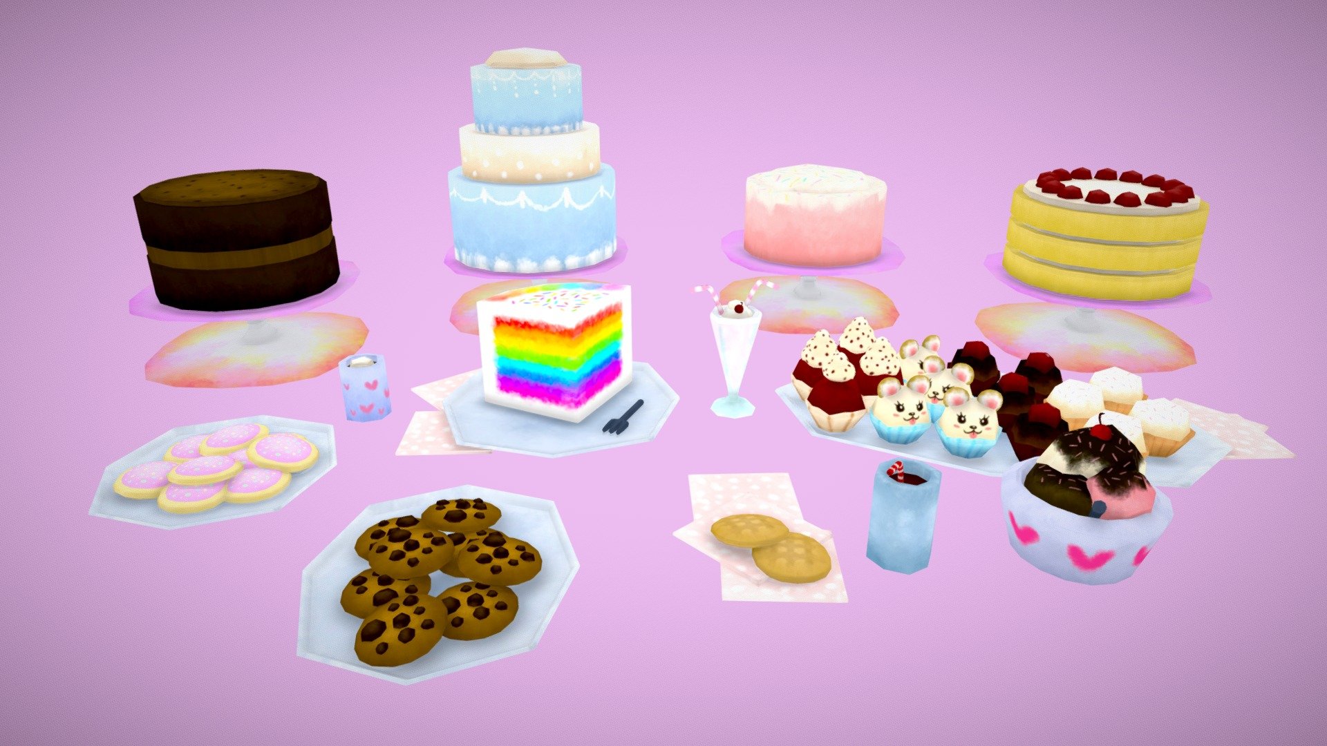A prop pack of various low-poly, handpainted desserts.  Modeled in Maya and textured in Substance Painter 3d model