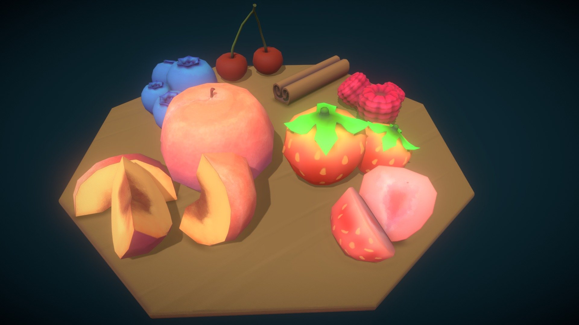 This is a preview model for Kotangent Food Pack. Includes, blueberries, strawberries,cherries,raspberries, peaches and a single cinnamon stick. Soon in Unity and Unreal markets 3d model
