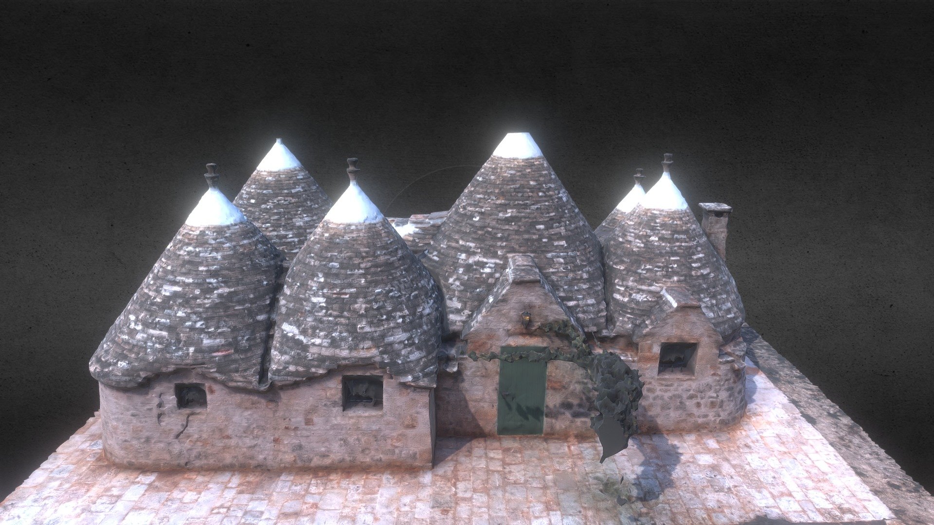 A trullo is a traditional Apulian dry stone hut with a conical roof. Their style of construction is specific to the Itria Valley, in the Murge area of the Italian region of Apulia. Trulli generally were constructed as temporary field shelters and storehouses or, as permanent dwellings by small proprietors or agricultural labourers. In the town of Alberobello, in the province of Bari, whole districts contain dense concentrations of trulli. The golden age of trulli was the nineteenth century, especially its final decades, which were marked by the development of wine growing 3d model