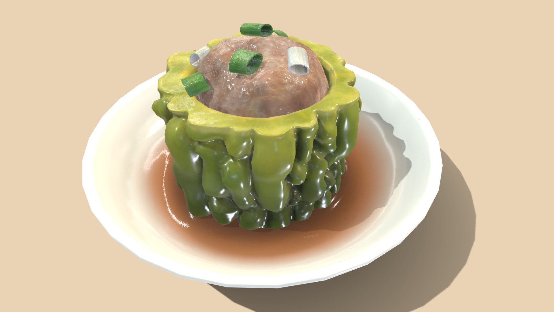 Hi~ It is a Asia food_Bitter gourd stuffed meat

It has 4868 Polys and 4871 Vertex.
It can be used in game,VR,AR,CG. 

It have 5 textures(PBR)

2048*2048 size

BaseColor1
Ao1
Metallic1
Normal1
Roughness*1

Display pics use Marmoset Toolbag to render.

I hope you like it~

Thank you.If you have any question , please tell me 3d model