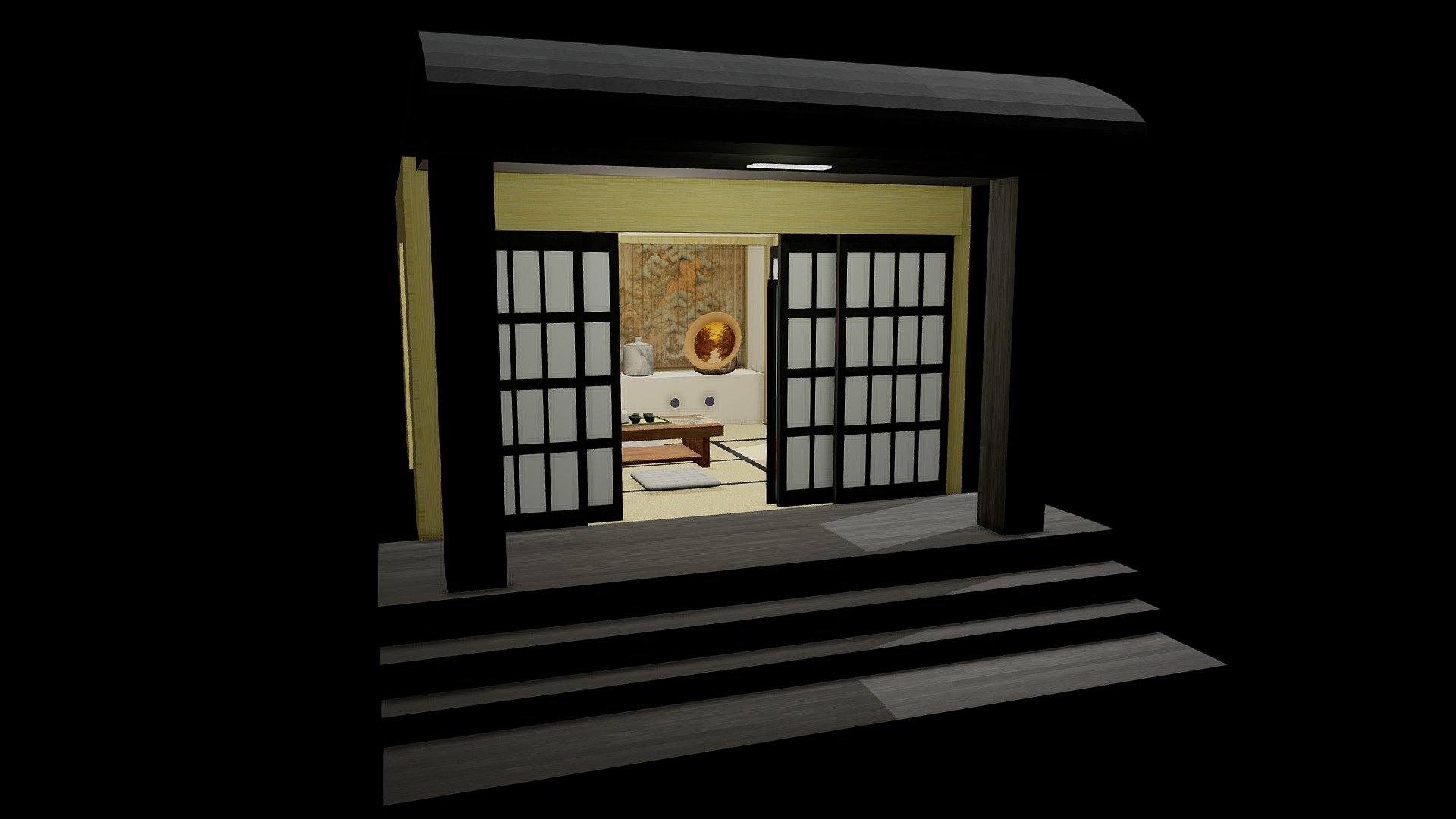 This is the final set i made.
Japanese style rooms. A Japanese style room: (clockwise from front) tatami, fusuma and ranma, chigaidana, tokonoma, shoji and tsukeshoin. Traditional Japanese style rooms (和室, washitsu) come with a unique interior design that includes tatami mats as flooring. Consequently, they are also known as tatami rooms 3d model