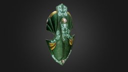Fantasy Elvish Shield green, leather, elf, carving, elvish, elven, metal, runes, golden, defence, emissive, tower-shield, weapon, asset, pbr, fantasy, shield, gameready