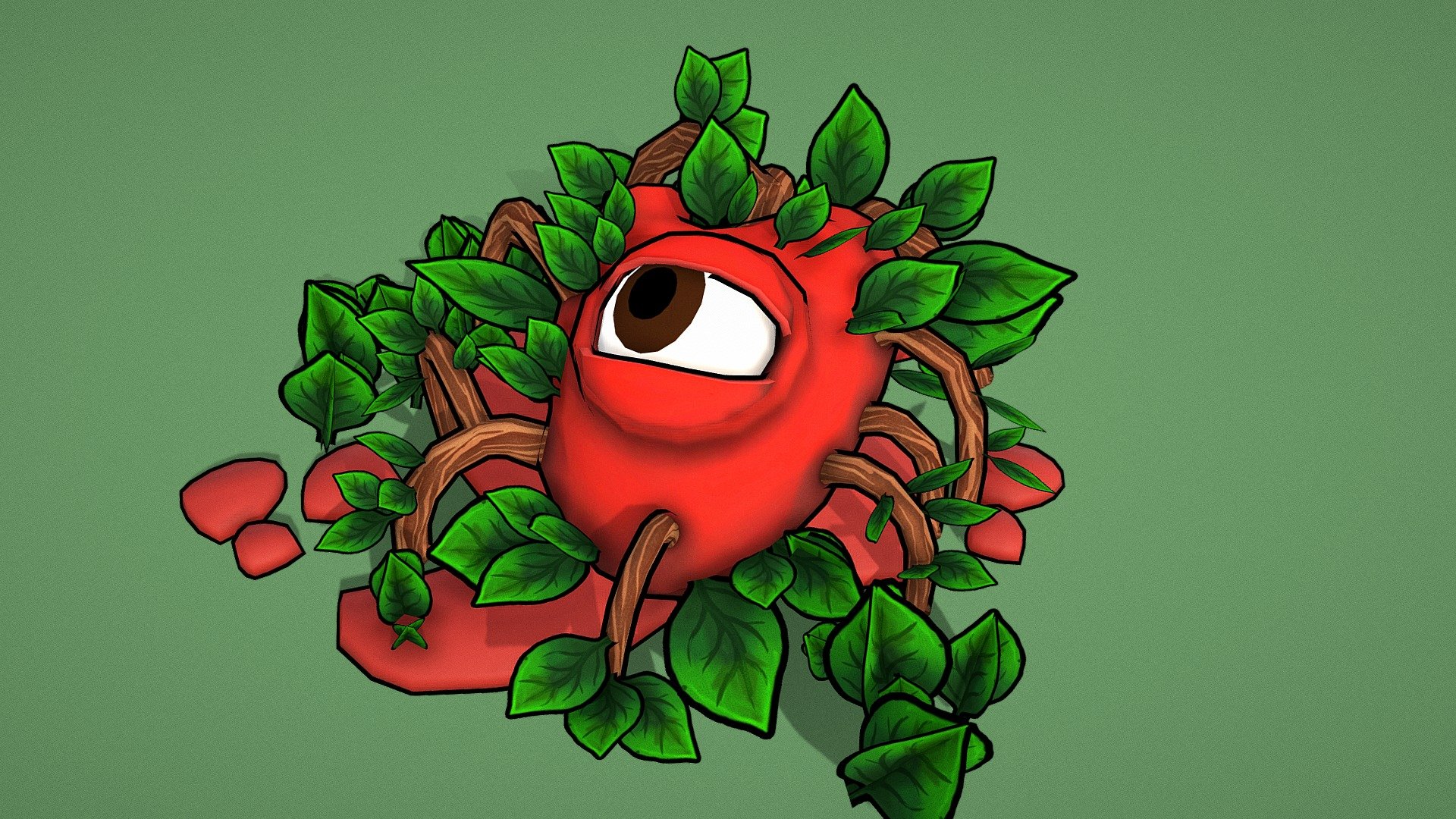 A green cartoony heart with an eye explores its surroundings while beating and giving life to the plants around it 3d model