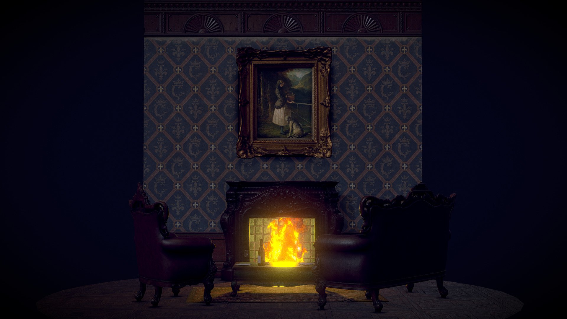 Part of a room in Baroque style, focused around the fireplace.
With small table, dishes and wine glass left on top of it.
The painting is &ldquo;A Scottish Girl