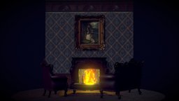 Baroque Interior with Fireplace scene, fireplace, victorian, sofa, wine, prop, painting, furniture, table, 4k, ornaments, baroque, rich, cozy, calm, rokoko, asset, game, blender, pbr, chair, house, home, wood, decoration, dark, interior, environment, mantion