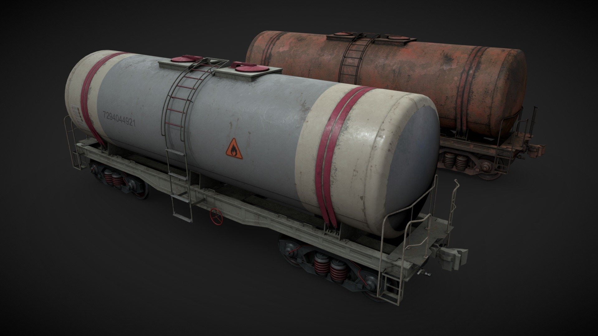 Rail tank car for industrial visualizations. 

PBR textures and materials. 

Regular painted and heavy rusted. 

Non overlapped UVs in a secondary UV channel. 

PNG textures included 3d model