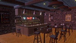 Night Bar Scene(Game Ready) bar, beer, chair-furniture, light